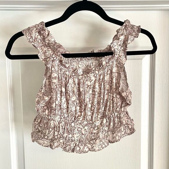 OLIVACEOUS Cropped Floral Print Smocked Off Shoulder Top Dusty People and White - Picture 2 of 8